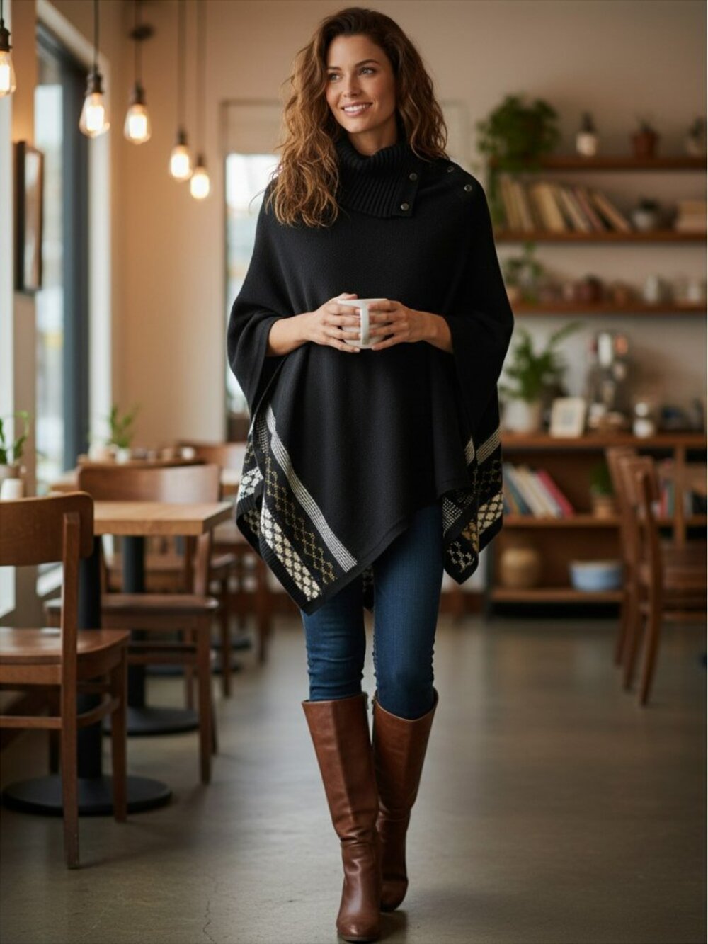Christine Alexander Vintage Button Shoulder Knit Poncho Cape Black S